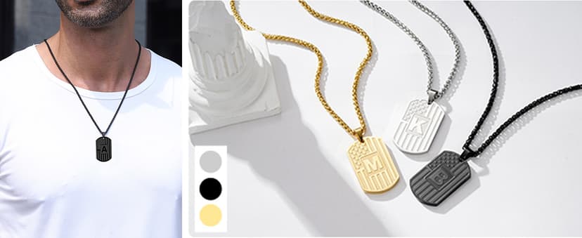 Initial A-Z Letter Necklace for Men Kids Teen Stainless Steel American Flag Dog Tag Pendent Birthday Gifts Gifts for Boys - Initial Necklace for Men Boys Kids Teen Jewelry Gifts B0CW98XXJP