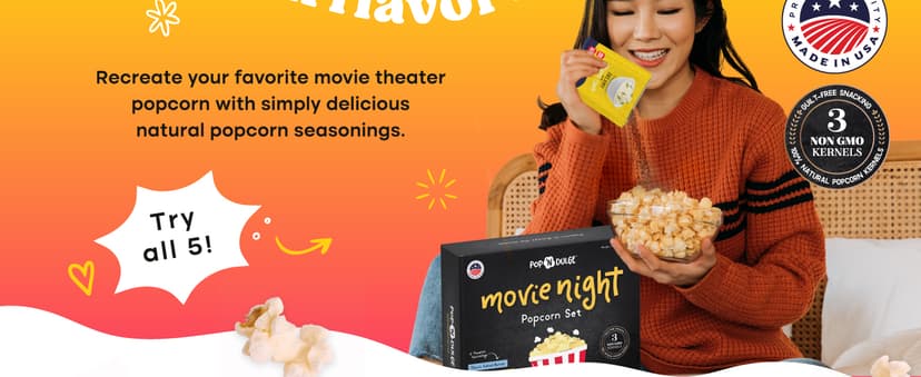 Pop n' Dulge Popcorn Movie Night Supplies 16 pcs Gift Set, 5 Gourmet Popcorn Kernels, 5 Seasoning Variety Packs Non-GMO Kosher Snacks, Great Housewarming Family Date Night Gifts Basket Ideas For Him Her