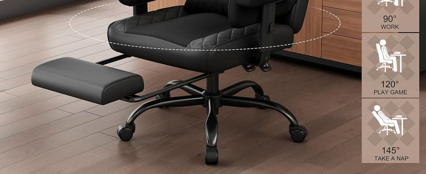 Vonesse Big and Tall Office Chair, Desk Chair with Soft Adjustable Armrests, Ergonomic High Back Gaming Chair with Lumbar Support, Executive Computer Chairs with Footrest (PU Leather, Black)