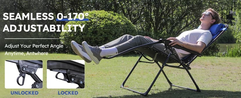 Colegence Oversized Padded Zero Gravity Lounge Chair, Foldable Patio Anti Gravity Reclining Chairs Folding Lawn Recliner with Cup Holder for Yard, Camping, Outdoor, Support 350 LBS, Black