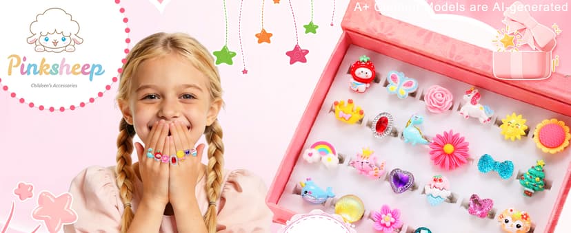 PinkSheep Little Girl Jewel Rings in Box, Adjustable, No Duplication, Girl Pretend Play and Dress Up Rings (24 Lovely Ring)