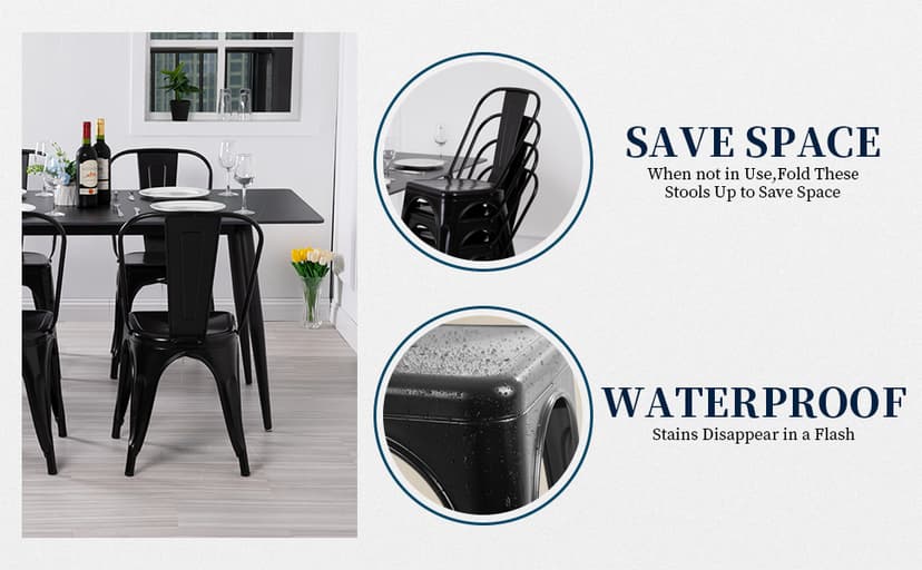 FDW | Metal Dining Chairs | Set of 4 | Black | Stackable Tolix Side Chairs with Backrest | Scratch-Resistant | Non-Slip Feet | Indoor/Outdoor Use | 330 lbs Capacity | for Kitchen & Restaurant