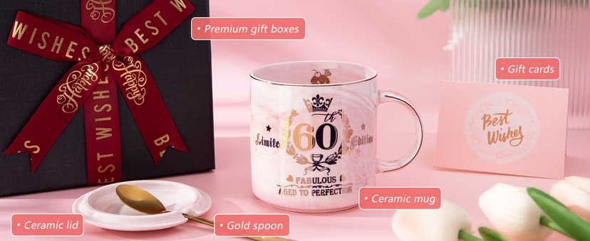 60th Birthday Gifts for Women - Fabulous 1965 Aged to Perfection Happy Birthday Mug - Limited Edition 60th Pink Coffee Mug Printed with Gold, Gift Idea for Turning 60 Years Old Women, Gift Boxed