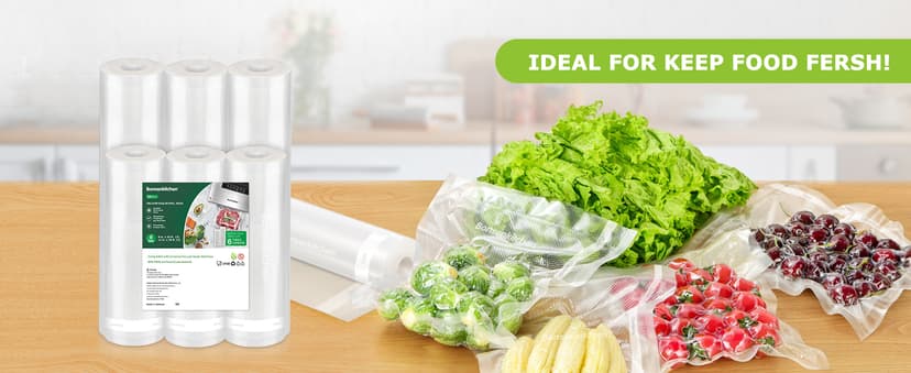 Bonsenkitchen Vacuum Sealer Rolls Bags, 6 Pack 3 Rolls 11" x 20' + 3 Rolls 8" x 20' Commercial Grade BPA Free Bag Rolls, Durable Customized Size Food Vac Bags for Storage and Sous Vide Cooking VB3211