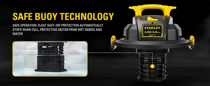 STANLEY SL18116 Wet/Dry Vacuum, 6 Gallon, 4 Horsepower, Stainless Steel Tank, 4.0 HP, Silver+Yellow