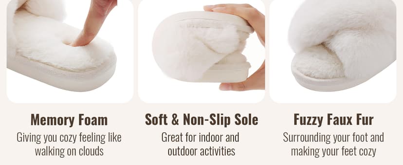 Evshine Women's Fuzzy Slippers Cross Band Memory Foam House Slippers Open Toe