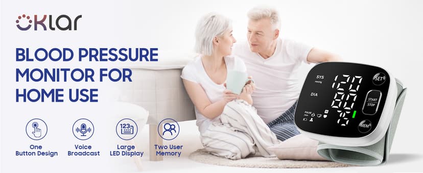 Oklar Blood Pressure Monitors for Home Use Rechargeable Wrist Digital BP Machine Cuff with LED Backlit Display, Voice Broadcast, 240 Memory Storage for 2 Users with Carrying Case