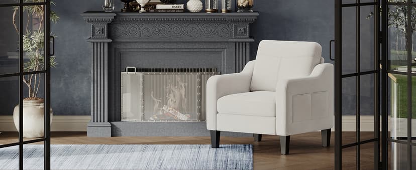 Accent Chair for Living Room Modern Linen Upholstered Armchair Side Wooden Fabric Sofa Chair with Foldable Table 2 Side Pockets Comfy Reading Chair for Bedroom
