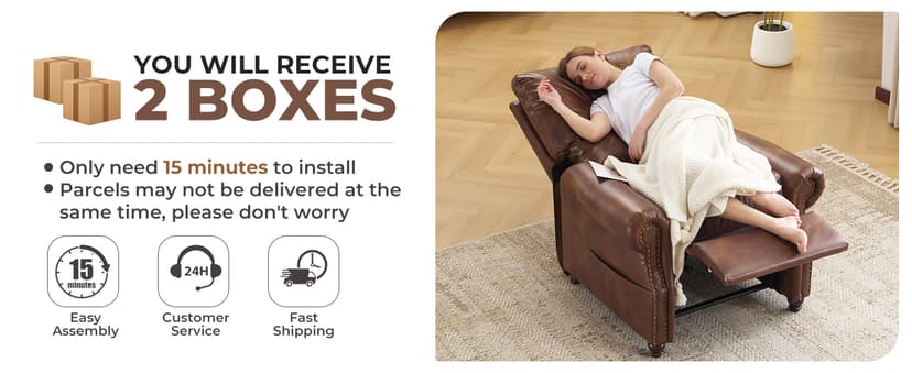Pushback Recliner Chair with Massage and Heat, Breathable Leather Recliner Chair with Overstuffed Backrest, Recliner with Rivet Decoration, Single Sofa Accent Chair for Living Room, Brown