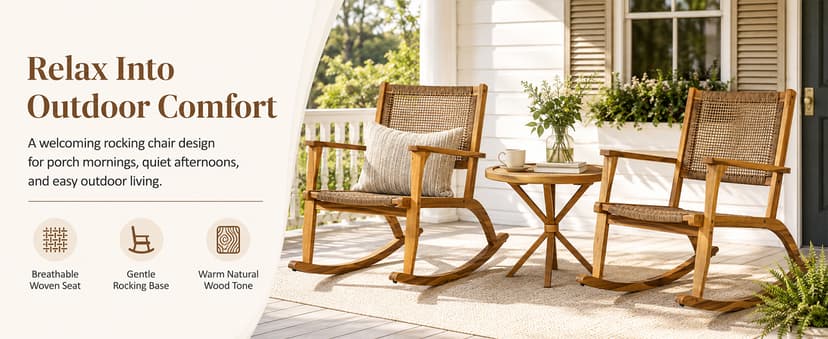 Acacia Wood Outdoor Rocking Chair Set of 2, Natural Wicker Outdoor Rockers with Wicker Rattan Seat & Backrest, 400 lbs Capacity Heavy Duty Rocker for Garden, Backyard & Balcony (Natural)