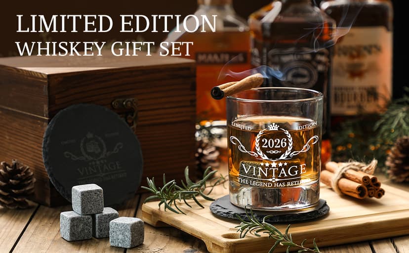Retirement Gifts for Men Whiskey Glass Set - The Legend Has Retired 2025 - Retirement Party Decorations, Supplies - Gifts Ideas for Him, Dad, Husband, Friends - Wood Box & Whiskey Stones & Coaster