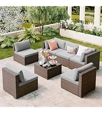 3 Pieces Outdoor Patio Furniture Set Rocking Bistro Set Outdoor Rattan Conversation with Coffee Table for Garden Balcony Backyard Poolside (Grey Cushion)