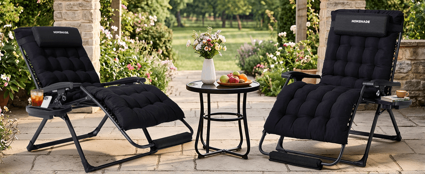 HOMSHADE Oversized Zero Gravity Chair, 33In XXL Outdoor Recliner Chair w/Removable Cushion&Headrest, Reclining Patio Chairs for Indoor, Camping Lounge Chair with Footrest, Support 500LBS, Black