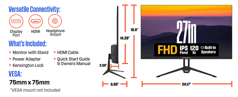 Westinghouse 27 Inch Gaming Monitor, 120Hz, 1ms, IPS Computer Monitor, 1080P FHD, Built-in Speakers, Eye Care, Adpative Sync Support (FreeSync Compatible), HDR, VGA, HDMI & DisplayPort w/Gaming Mode