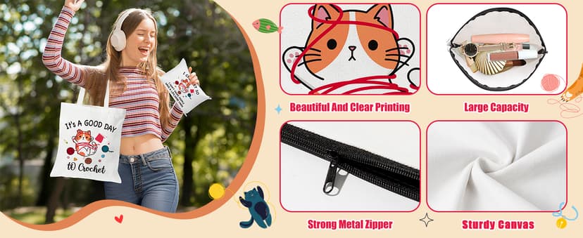 Y1tvei Cartoon Cat Canvas Bags - 2Pcs It’s A Good Day to Crochet Canvas Tote Bag Makeup Pouch, Reusable Grocery Folding Shopping Handbag, Knitting Crocheting Funny Gifts for Knitter Crocheters Women