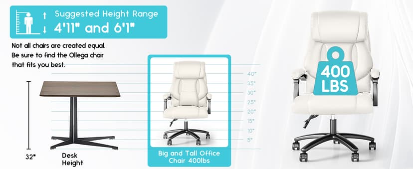 Ollega Reclining Office Chair, Executive Big and Tall Office Chair with Wide Seat, Recliner Leather High Back Computer Desk Chairs (White)