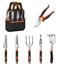 Garden Tools Set, JUMPHIGH 10 Pieces Gardening Tools with Floral Print, Ergonomic Handle Trowel Rake Weeder Pruner Shears Sprayer, Garden Hand Tools with Carrying Case Gardening Gifts for Women Father