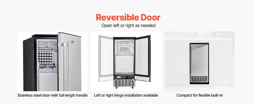 VEVOR Under Counter Ice Maker, 80 Lbs/Day Stainless Steel Built-in Ice Makers Machine with Drain Pump Reversible Door, 26lbs Storage Freestanding Ice Maker for Commercial Home Kitchen