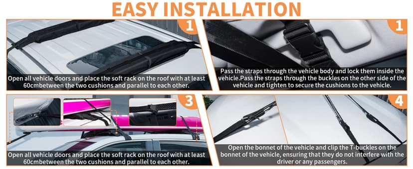 Universal Soft Roof Rack Pads for Kayak SUP Surfboard Snowboard Canoe, Heavy Duty Car Roof Rack System with 2 Tie Down Straps, 4 Quick Loop Straps, 2 Hood Loops, Tie Down Ropes and Storage Bag