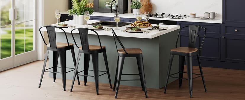 ALISH 26 Inch Industrial Bar Stools Set of 4, High Back Metal Barstools with Large Wood Seat, Counter Height Bar Chairs for Kitchen Island (26 Inch Set of 4, Black)