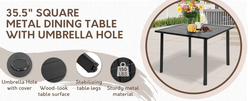 5-Piece Patio Dining Set for 4,Outdoor Dining Set with Wicker Swivel Patio Dining Chairs with Cushions & 1 Black Square Woodgrain Dining Table with 1.75”Market Umbrella Hole, Black & Brown