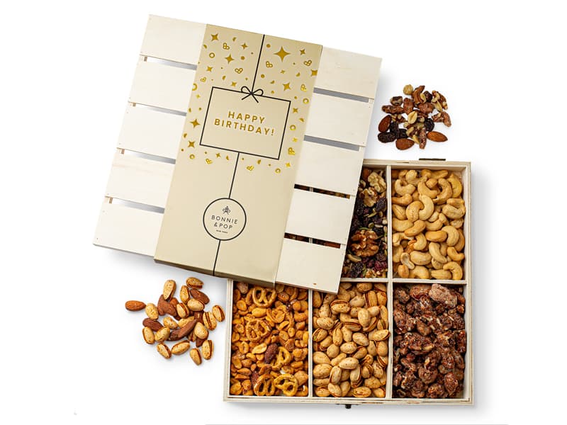 Nut Gift Basket, in Reusable Wooden Crate, Healthy Gift Option, Gourmet Snack Food Box, with Unique Flavors, Great for Feel Better, Sympathy & Birthday- Bonnie & Pop