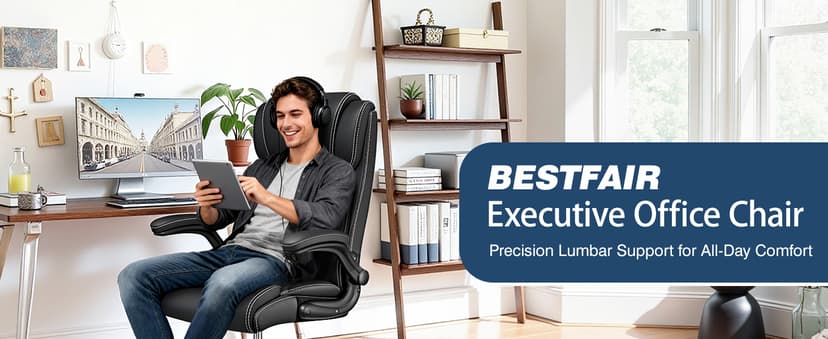 BESTFAIR Ergonomic Office Chair - Desk Computer Chair, Leather High Back Executive Chairs with Adjustable Lumbar Support & Flip Up Arms, Rocking, Black