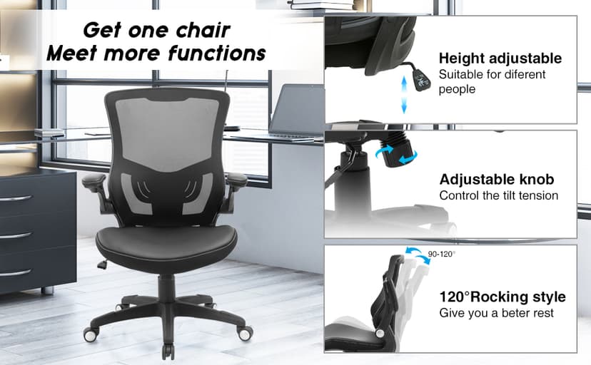 Office Chair Ergonomic Desk Chair, Computer PU Leather Home Office Chair, Swivel Mesh Back Adjustable Lumbar Support Flip-up Arms Executive Task Chair