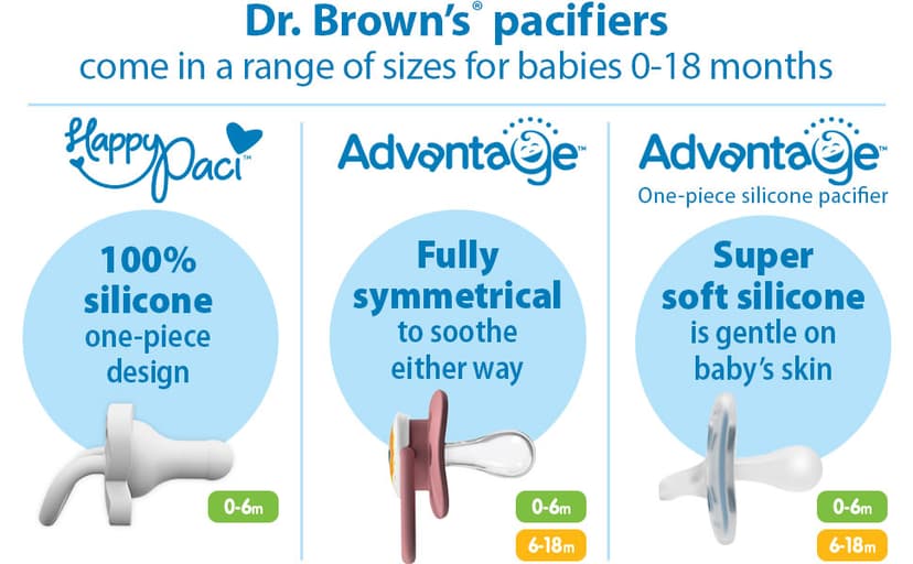 Dr. Brown's Happy Paci 100% Silicone Baby Pacifier, Contoured One-Piece Design, Light Pink/Pink/White, 0-6m, BPA-Free, 3-Pack