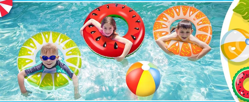 90shine 7PCS Fruit Pool Floats: Watermelon Kiwi Orange Lemon Swimming Rings with 13.5" Beach Balls - Inflatable Tubes Floaties Toys for Kids Adults
