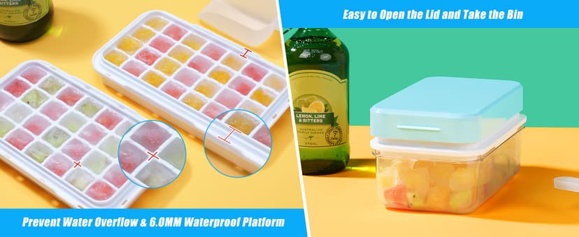 Ice Cube Tray with Lid and Bin, PHINOX 56 pcs Ice Trays for Freezer, Ice Cube Trays for Freezer with 2 trays, Container, Lid & Ice Scoop, BPA Free