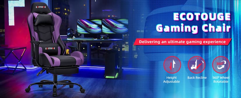 ECOTOUGE PC Massage Gaming Chair with Footrest Ergonomic Office Desk Chair Racing PU Leather Recliner Swivel Rocker with Headrest and Lumbar Pillow, Violet