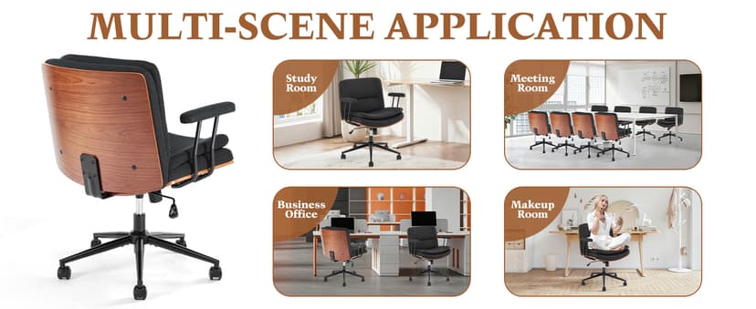Home Office Desk Chair with Armrests & Wheels, Modern Walnut Swivel Rolling Executive Task Chair, Height Adjustable Ergonomic Computer Chair, Black Fabric