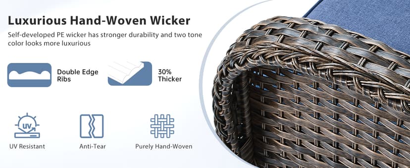 2 in 1 Porch Glider Swivel Chair - Wicker Patio Furniture Outdoor Swivel Rocker Chair with Thick Cushion, 300 Lb Weight Capacity Patio Swivel Glider Seating - Brown Wicker, Blue Cushion