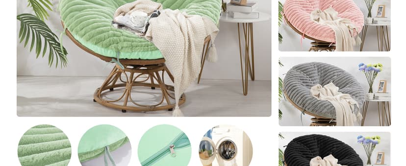 HOMBYS Fluffy Shaggy Cover for Papasan Chair Cushion, Plush Faux Fur Slipcover ONLY, (Without Cushion) Removable Soft Papasan Cushion Covers with 8 Ties, (Sage Green, 55"x55")