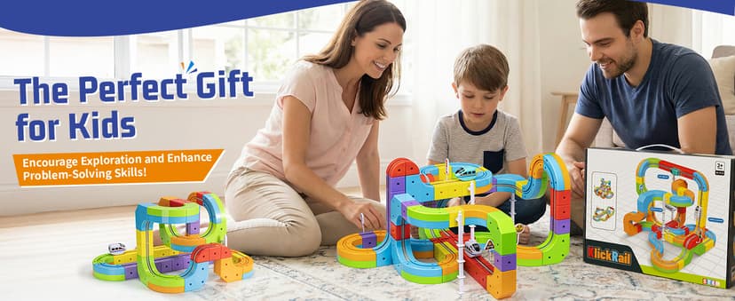 KlickRail Electric Train Set Flexible Race Track for 3 4 5 6 7 8 years old boys and girls, Building Toy Train Track Gravity-Defying 3D Embedded Layouts & Motorized Car, STEM Gift(Deluxe Set(88 Piece))
