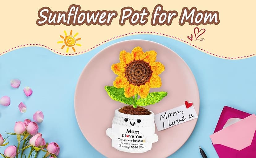 Gifts for Mom, Birthday Gift for Mom, Handmade Crochet Flowers Sunflower for Home Office Desk Decoration, I Love You Gifts for Moms Mama from Daughter Son Kids, Mothers Day, Xmas Present Idea