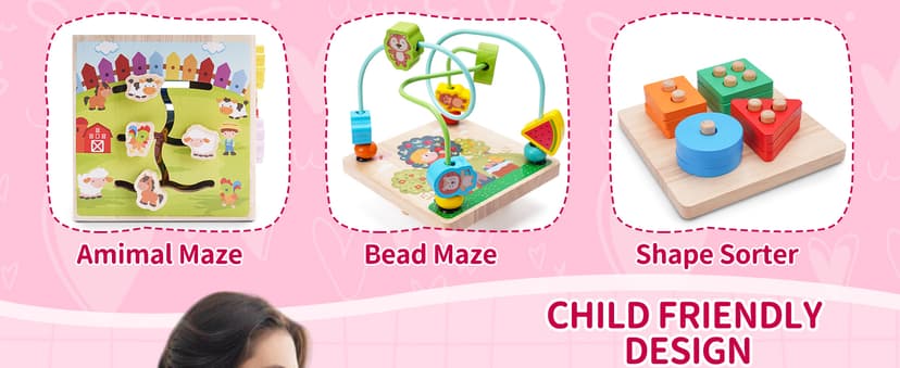 Wooden Activity Cube | Montessori Toys for 1 2 3 Year Old Toddlers | One Year Old 1st First Birthday Gift | Educational Toys for 12+ Months Baby Boys Girls | Bonus Sorting & Stacking Game (Pink)