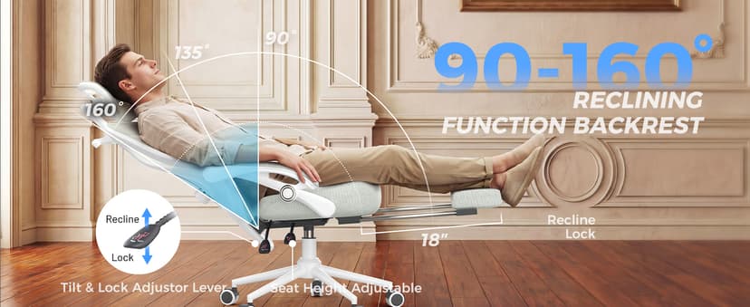 Ergonomic Office Chair with Footrest - Adjustable Lumbar Support & Headrest, 90-160° Reclining Mesh Back Computer Chair - Home Office/Gaming, 350lbs Capacity