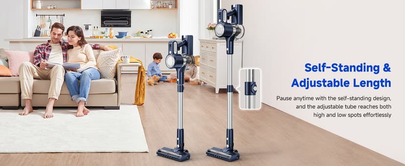 Cordless Vacuum Cleaner, Powerful Suction Vacuum Cleaners for Home, Anti-Tangle Pet Hair Brush, Lightweight, Self-Standing, Green LED Headlight, 6-in-1 Stick Vacuum for Carpet Hardwood Floor-Dark Blue