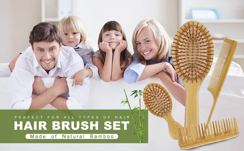 MRD Hair Brush Set, Natural Bamboo Comb Paddle Detangling Hairbrush, Wide-tooth and tail comb No Bristle, suit for Women Men and Kids Thick/Thin/Curly/Dry Hair Gift kit