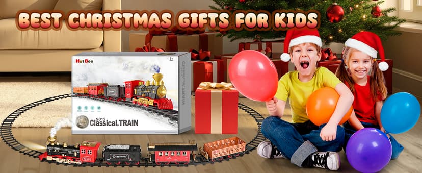Hot Bee Train Set - Train Toys for Boys with Smokes, Lights and Sound, Toy Train Set for Under Christmas Tree, Toddler Model Trains for 3 4 5 6 7 8+ Years Old Kids Christmas Toys Gifts