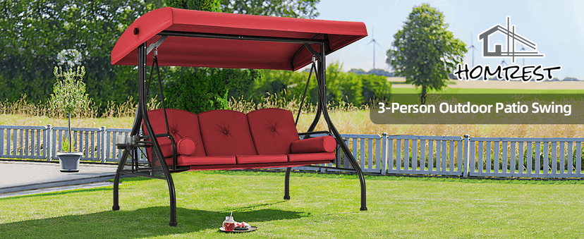 HOMREST 3 Seat Outdoor Porch Swing with Adjustable Canopy, Convertible Patio Swing Bed with Stand, Patio Glider Swing with Upgraded Cup Holder, Thicken Cushions & Pillow for Backyard(Wine Red)