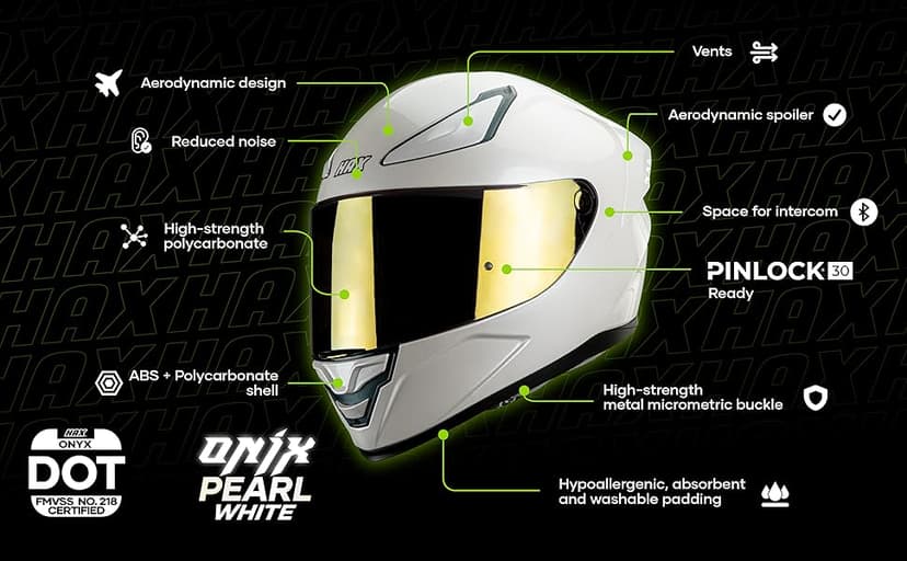 HAX Onix Full Face Motorcycle Helmets DOT Approved, Pinlock Ready & Intercom Slot , Motorbike Powersports Street Racing for Men Women(Pearl White, L)