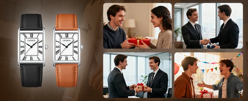 CNYXCN Business Watches for Men,Minimalist Simple Wrist Watch Analog Quartz-Rectangle Roman Numerals Dial,Comfortable Leather Strap,Waterproof