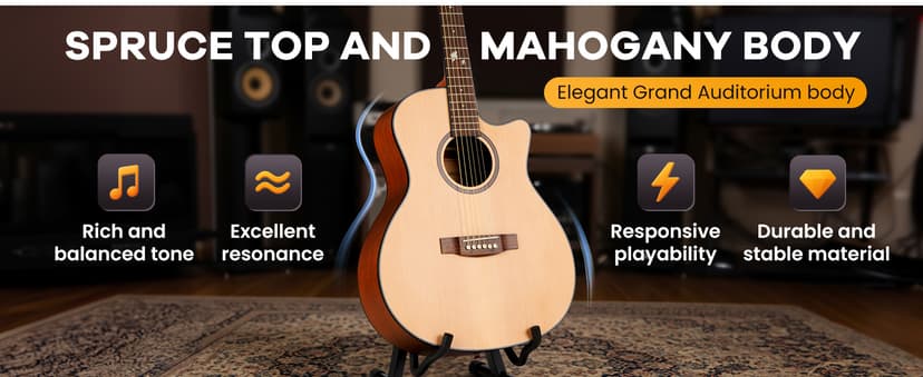CAHAYA Acoustic Guitar Beginner Set - 41" Full Size Spruce Top Mahogany Body with Okoume Neck Rosewood Fingerboard, GA Cutaway Design, Balanced Rich Tone with Gig Bag, Strap, Capo, Strings & Picks