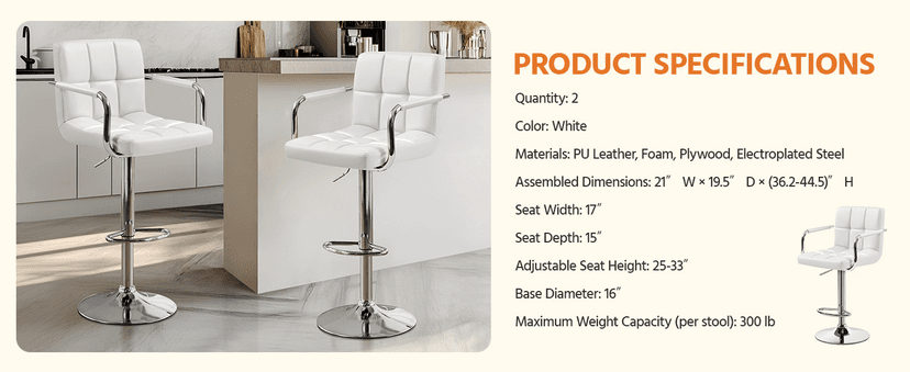 Yaheetech Bar Stools Set of 2, PU Leather Adjustable Swivel Barstools, Hydraulic Kitchen Counter Height Bar Chairs with Armrest and Back for Bar, Kitchen, Dining Room, White