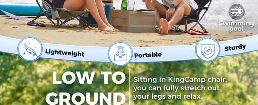 KingCamp Low Beach Chair, High Back Folding Camping Chair for Adults, Oversized Breathable Mesh Seat, 300lbs Heavy Duty Portable Chair with Cup Holder & Storage Pockets for Beach, Outdoor