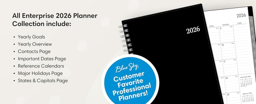 Blue Sky 2026 Weekly and Monthly Planner Calendar, Includes January 2026 - December 2026, 5" x 8", Flexible Cover, Wirebound, Laminated Tabs, Enterprise