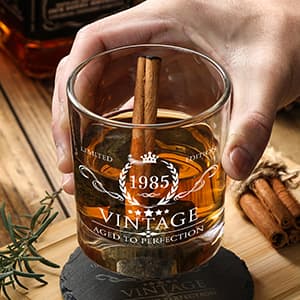 40th Birthday Gifts for Men Whiskey Glass Set - 40th Birthday Decorations, Party Supplies - 40 Year Anniversary, Bday Gifts Ideas for Him, Dad, Husband, Friends - Wood Box & Whiskey Stones & Coaster